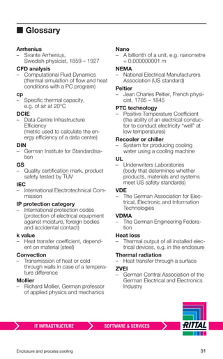 Enclosure and process cooling 91
■ Glossary
Arrhenius
– Svante Arrhenius,
Swedish physicist, 1859 – 1927
CFD analysis
– Computational Fluid Dynamics
(thermal simulation of ﬂow and heat
conditions with a PC program)
cp
– Speciﬁc thermal capacity,
e.g. of air at 20°C
DCIE
– Data Centre Infrastructure
Efficiency
(metric used to calculate the en-
ergy efficiency of a data centre)
DIN
– German Institute for Standardisa-
tion
GS
– Quality certiﬁcation mark, product
safety tested by TÜV
IEC
– International Electrotechnical Com-
mission
IP protection category
– International protection codes
(protection of electrical equipment
against moisture, foreign bodies
and accidental contact)
k value
– Heat transfer coefficient, depend-
ent on material (steel)
Convection
– Transmission of heat or cold
through walls in case of a tempera-
ture difference
Mollier
– Richard Mollier, German professor
of applied physics and mechanics
Nano
– A billionth of a unit, e.g. nanometre
= 0.000000001 m
NEMA
– National Electrical Manufacturers
Association (US standard)
Peltier
– Jean Charles Peltier, French physi-
cist, 1785 – 1845
PTC technology
– Positive Temperature Coefficient
(the ability of an electrical conduc-
tor to conduct electricity “well” at
low temperatures)
Recooler or chiller
– System for producing cooling
water using a cooling machine
UL
– Underwriters Laboratories
(body that determines whether
products, materials and systems
meet US safety standards)
VDE
– The German Association for Elec-
trical, Electronic and Information
Technologies
VDMA
– The German Engineering Federa-
tion
Heat loss
– Thermal output of all installed elec-
trical devices, e.g. in the enclosure
Thermal radiation
– Heat transfer through a surface
ZVEI
– German Central Association of the
German Electrical and Electronics
Industry
 