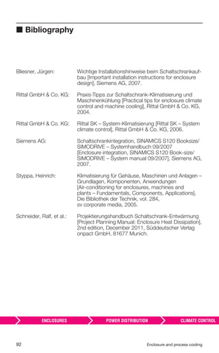 92 Enclosure and process cooling
■ Bibliography
Bliesner, Jürgen: Wichtige Installationshinweise beim Schaltschrankauf-
bau [Important installation instructions for enclosure
design], Siemens AG, 2007.
Rittal GmbH & Co. KG: Praxis-Tipps zur Schaltschrank-Klimatisierung und
Maschinenkühlung [Practical tips for enclosure climate
control and machine cooling], Rittal GmbH & Co. KG,
2004.
Rittal GmbH & Co. KG: Rittal SK – System-Klimatisierung [Rittal SK – System
climate control], Rittal GmbH & Co. KG, 2006.
Siemens AG: Schaltschrankintegration, SINAMICS S120 Booksize/
SIMODRIVE – Systemhandbuch 09/2007
[Enclosure integration, SINAMICS S120 Book-size/
SIMODRIVE – System manual 09/2007], Siemens AG,
2007.
Styppa, Heinrich: Klimatisierung für Gehäuse, Maschinen und Anlagen –
Grundlagen, Komponenten, Anwendungen
[Air-conditioning for enclosures, machines and
plants – Fundamentals, Components, Applications].
Die Bibliothek der Technik, vol. 284,
sv corporate media, 2005.
Schneider, Ralf, et al.: Projektierungshandbuch Schaltschrank-Entwärmung
[Project Planning Manual: Enclosure Heat Dissipation],
2nd edition, December 2011, Süddeutscher Verlag
onpact GmbH, 81677 Munich.
 
