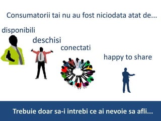 Consumatorii tai nu au fost niciodata atat de...disponibilideschisiconectatihappy to shareTrebuie doar sa-i intrebi ce ai nevoie sa afli...