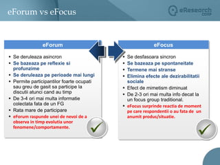 Cercetatorul se afla la biroul lui, respondentii erau in fata propriului lor calculator, intr-un mediu familiar in care se simteau confortabil, clientul a asistat la discutie de la el la birou.