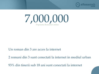 7,000,000Populatia Romaniei onlineUn roman din 3 are acces la internet2 romani din 3 sunt conectati la internet in mediul urban93% din tinerii sub 18 ani sunt conectati la internet