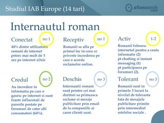 Studiul IAB Europe (14 tari)Internautul romanActiv 1-2Receptiv   Conectatno 1no 1Romanii folosesc internetul pentru a cauta informatie (2)pt chatting si instant messaging (1)pt participarea pe forumuri (2).Romanii se afla pe primul loc in ceea ce priveste increderea pe care o acorda reclamelor online.44% dintre utilizatorii romani de internet petrec mai mult de 3 ore pe internet zilnicDeschis Tolerant Credul no 2no 3no 3Internautii romani sunt printre cei mai doritori sa primeasca reclame si mesaje publicitare prin email de la companiile ai  caror clienti sunt.Romanii sunt in primele 3 locurila nivelul de toleranta fata de mesajele publicitare primite prin intermediul retelelor sociale .Au incredere in informatia pe care o gasesc pe internet si sunt foarte influentati de parerile postate pe forumuri de catre alti consumatori (64%).