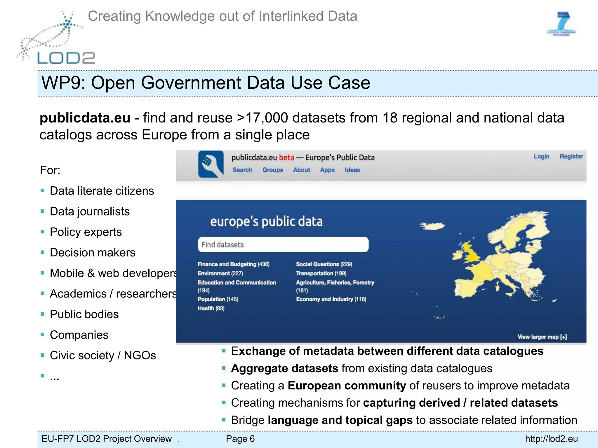 Creating Knowledge out of Interlinked Data



WP9: Open Government Data Use Case
publicdata.eu - find and reuse >17,000 datasets from 18 regional and national data
catalogs across Europe from a single place

For:
 Data literate citizens
 Data journalists
 Policy experts
 Decision makers
 Mobile & web developers
 Academics / researchers
 Public bodies
 Companies
 Civic society / NGOs              Exchange of metadata between different data catalogues
                                    Aggregate datasets from existing data catalogues
 ...
                                    Creating a European community of reusers to improve metadata
                                    Creating mechanisms for capturing derived / related datasets
                                    Bridge language and topical gaps to associate related information
EU-FP7 LOD2 Project Overview .   Page 6                                                     http://lod2.eu
 