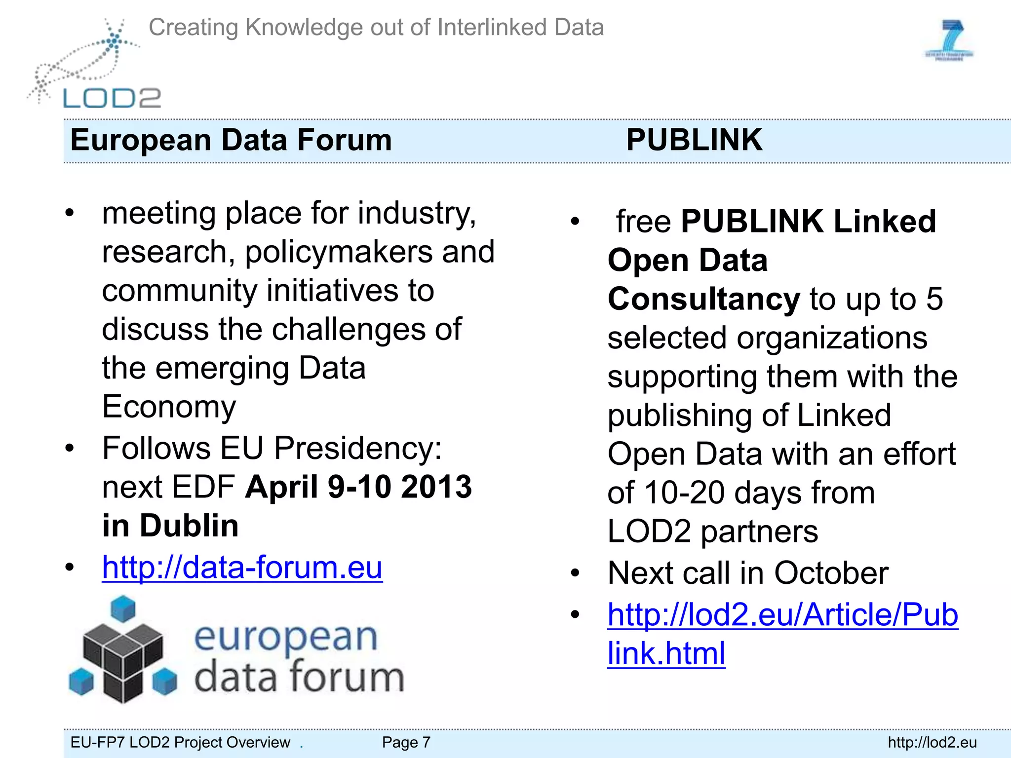 Creating Knowledge out of Interlinked Data



European Data Forum                                    PUBLINK

• meeting place for industry,                   •  free PUBLINK Linked
  research, policymakers and                      Open Data
  community initiatives to                        Consultancy to up to 5
  discuss the challenges of                       selected organizations
  the emerging Data                               supporting them with the
  Economy                                         publishing of Linked
• Follows EU Presidency:                          Open Data with an effort
  next EDF April 9-10 2013                        of 10-20 days from
  in Dublin                                       LOD2 partners
• http://data-forum.eu                          • Next call in October
                                                • http://lod2.eu/Article/Pub
                                                  link.html

EU-FP7 LOD2 Project Overview .   Page 7                               http://lod2.eu
 