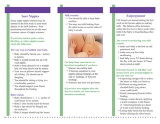 Sore Nipples                    Milk transfer.                                       Engorgement
                                             • You should be able to hear baby
Some slight nipple soreness may be             swallow.                               Full breasts are normal during the first
normal in the first week as your body        • You may see milk leaking from          week as the breasts adjust to making
adjusts to the milk letdown. Poor              the other breast or out the sides of   milk. The fullness often decreases
positioning and latch on are the most          baby’s mouth.                          within the first two or three weeks after
common causes of nipple soreness.                                                     birth if the baby is breastfeeding often
                                                                                      and well.
If you have intense pain, cracks,
bleeding, or other nipple trauma,                                                     The secret to not having over-full
check the following:                                                                  breasts:
                                                                                       • make sure baby is latched on and
The way you are holding your baby.                                                       positioned well.
                                                                                       • make sure you hear baby
 • Baby should be facing you – tummy                                                     swallowing.
     to tummy.
                                                                                       • feed baby every 2-3 hours during
 • Baby’s mouth should line up with                                                      the day with one longer 4-5 hour
     your nipple.                           Get help from your doctor or
                                                                                         sleep period at night.
 •   Baby’s body should be in a straight    lactation consultant if you have:
     line, his head should not be turned.     • Intense, toe-curling pain
                                              • A burning sensation in your           If breasts become so full that your
 •   Your arm or pillows should support
                                                nipples during feedings, at the       areola (dark area around nipple) is
     all of baby. He should not be
                                                end of feedings, or between           flat and taut, try:
     dangling.
                                                feedings.                                • Expressing enough milk to soften
 •   You should be sitting or lying in a
                                              • Soreness that does not get better.         the breast so baby can latch on.
     comfortable position.
                                                                                         • Different nursing positions
 •   You should support your breast
                                                                                           (football hold, lying down,
     throughout the feeding.                If you have sore nipples after the
                                            first few weeks, see your doctor or            cross cradle hold).
                                            lactation consultant.                        • Gently massaging breasts before
Baby’s latch.
                                                                                           feeding.
 • Baby should have 1 – 1 ½ inches of                                                    • Taking a warm shower, applying
   your breast in his mouth.
                                                                                           a warm compress to the breast,
 • Baby’s chin should touch the breast.                                                    or immersing breasts in a basin
 • Baby’s lips should be flanged out,                                                      of warm water before feeding.
   not tucked in.
                                                                                         • Letting baby finish the first breast
 • Baby’s tongue should cup the breast.                                                    before offering the other breast.
 