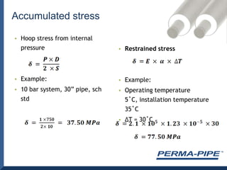 Hoop stress from internal pressureExample:10 bar system, 30” pipe, sch stdRestrained stressExample:Operating temperature 5˚C, installation temperature 35˚CΔT = 30˚CAccumulated stress