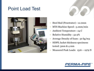 Point Load TestSteel Rod (Penetrator) : 12.0mmMTS Machine Speed : 5.1mm/minAmbient Temperature : 24 CRelative Humidity : 52.9%Average Density of foam : 50 kg/m3HDPE Jacket thickness specimens tested: 3mm & 4 mmMeasured Peak Loads:  1516 – 1979 N
