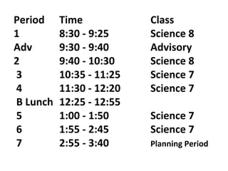 Period  Time  Class  1  8:30 - 9:25  Science 8  Adv  9:30 - 9:40  Advisory  2  9:40 - 10:30  Science 8  3  10:35 - 11:25 Science 7  4  11:30 - 12:20  Science 7  B Lunch  12:25 - 12:55   5  1:00 - 1:50  Science 7  6  1:55 - 2:45  Science 7  7  2:55 - 3:40  Planning Period 