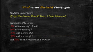 Viral versus Bacterial Pharyngitis
Modified Centor Score
(If Age Was Greater Than 45 Years, 1 Point Subtracted)
prevalence of GAS was
1% with a score of −1 to 0,
10% with a score of 1,
17% with a score of 2,
35% with a score of 3,
and 51% when the score was 4 or more.
 