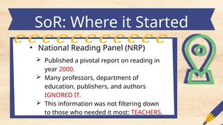 SoR: Where it Started
• National Reading Panel (NRP)
 Published a pivotal report on reading in
year 2000.
 Many professors, department of
education, publishers, and authors
IGNORED IT.
 This information was not filtering down
to those who needed it most: TEACHERS.
 
