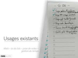 Usages existants
Mails – to do lists – prise de notes –
gestion du temps
Malvina ARTHEAU
 