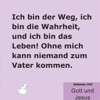 Johannes 14:6
Gott und
Jesus
Ich bin der Weg, ich
bin die Wahrheit,
und ich bin das
Leben! Ohne mich
kann niemand zum
Vater kommen.
 