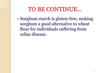 TO BE CONTINUE...
 Sorghum starch is gluten-free, making
sorghum a good alternative to wheat
flour for individuals suffering from
celiac disease.
10
 