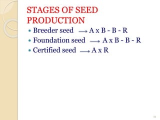 STAGES OF SEED
PRODUCTION
 Breeder seed A x B - B - R
 Foundation seed A x B - B - R
 Certified seed A x R
34
 