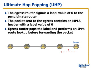 Ultimate Hop Popping (UHP)
 The egress router signals a label value of 0 to the
 penultimate router
 The packet sent to the egress contains an MPLS
 header with a label value of 0
 Egress router pops the label and performs an IPv4
 route lookup before forwarding the packet


                                            Egress



                                        0




                                                     1 June 2003
 