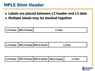 MPLS Shim Header
 Labels are placed between L2 header and L3 data
 Multiple labels may be stacked together


L2 Header   MPLS Header                 L3 Data




L2 Header   MPLS Header MPLS Header               L3 Data




L2 Header   MPLS Header MPLS Header MPLS Header             L3 Data




                                                                      1 June 2003
 