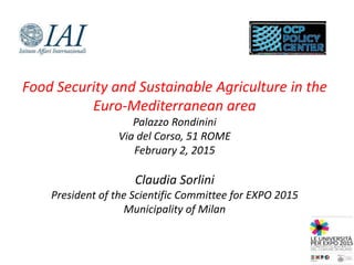 Food Security and Sustainable Agriculture in the
Euro-Mediterranean area
Palazzo Rondinini
Via del Corso, 51 ROME
February 2, 2015
Claudia Sorlini
President of the Scientific Committee for EXPO 2015
Municipality of Milan
 