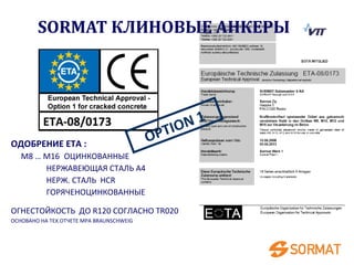 ETA-08/0173
ОДОБРЕНИЕ ETA :
M8 … M16 ОЦИНКОВАННЫЕ
НЕРЖАВЕЮЩАЯ СТАЛЬ A4
НЕРЖ. СТАЛЬ HCR
ГОРЯЧЕНОЦИНКОВАННЫЕ
ОГНЕСТОЙКОСТЬ ДО R120 СОГЛАСНО TR020
ОСНОВАНО НА ТЕХ.ОТЧЕТЕ MPA BRAUNSCHWEIG
OPTION 1
SORMAT КЛИНОВЫЕ АНКЕРЫ
 