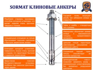 24
Торцевой конец защищает
резьбу при забивании анкера в
отверстие.
Гайка и шайба – стандартные
тип и размер.
Маркировка обозначает размер
анкера и максимальную
толщину прикрепляемого
материала.
Резьбовой стержень произведен
способом холодной штамповки, что
делает изделие очень прочным,
твердым и точным .
Специальные утолщения на гильзе
обеспечивают хорошее сцепление
и быстрое закрепление анкера. Цельная гильза гарантирует
равномерное расширение и
надежную работу.
Благодаря холодной штамповке,
поверхность конуса очень прочная
и гладкая, что гарантирует быстрое
и надежное закрепление .
Закругление помогает
беспрепятственной установке,
особенно при сквозном креплении
через дерево .
Скошенный нижний торец
гильзы способствует ее
полному раскрытию .
Цилиндрический «хвост»
позволяет закрепить анкер с
максимальным сопротивлением
без внезапных разрушений
крепления
SORMAT КЛИНОВЫЕ АНКЕРЫ
 