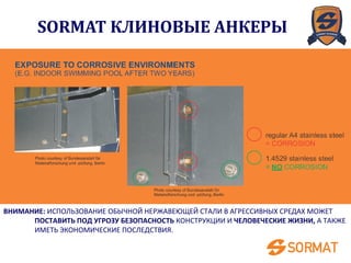 ВНИМАНИЕ: ИСПОЛЬЗОВАНИЕ ОБЫЧНОЙ НЕРЖАВЕЮЩЕЙ СТАЛИ В АГРЕССИВНЫХ СРЕДАХ МОЖЕТ
ПОСТАВИТЬ ПОД УГРОЗУ БЕЗОПАСНОСТЬ КОНСТРУКЦИИ И ЧЕЛОВЕЧЕСКИЕ ЖИЗНИ, А ТАКЖЕ
ИМЕТЬ ЭКОНОМИЧЕСКИЕ ПОСЛЕДСТВИЯ.
SORMAT КЛИНОВЫЕ АНКЕРЫ
 