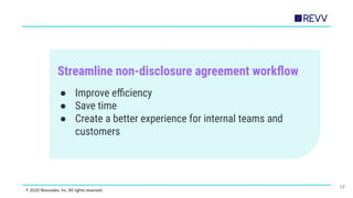 Streamline non-disclosure agreement workﬂow
● Improve eﬃciency
● Save time
● Create a better experience for internal teams...