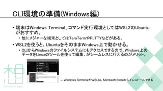 CLI環境の準備(Windows編)
• 端末はWindows Terminal、コマンド実行環境としてはWSL2のUbuntu
がおすすめ。
• 他にメジャーな端末としてはTeraTermやPuTTYなどがある。
• WSL2を使うと、UbuntuをそのままWindows上で動かせる。
• CLIからWindowsのファイルシステムにもアクセスできるので、Windows上の
データをLinuxのツールを使って編集、がシームレスに行えるのがメリット。
18
←Windows TerminalやWSLは、Microsoft Storeからインストールできる
 