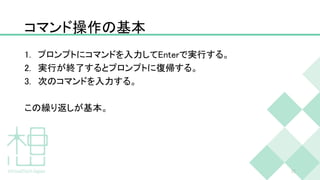 コマンド操作の基本
1. プロンプトにコマンドを入力してEnterで実行する。
2. 実行が終了するとプロンプトに復帰する。
3. 次のコマンドを入力する。
この繰り返しが基本。
21
 