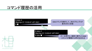 コマンド履歴の活用
29
$ date ⏎
Wed Apr 21 13:00:47 JST 2021
$ ■
$ date ⏎
Wed Apr 21 13:00:47 JST 2021
$ date ■
dateコマンドを実行して、次のプロンプトが
表示された状態
↑キーを押すと、直前に実行したdate
コマンドが履歴から呼び出される
 