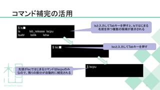 コマンド補完の活用
31
$ ls■
ls lsb_release lscpu
lsattr lsblk lshw
$ lsc■
$ lscpu
lsと入力してTabキーを押すと、lsではじまる
名前を持つ複数の候補が表示される
lscと入力してTabキーを押す
先頭がlscではじまるコマンドはlscpuのみ
なので、残りの部分が自動的に補完される
 