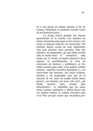 56
do a una pareja de pudúes durante el fin de
semana. Solamente se pudieron rescatar restos
de sus hermosas pieles…
La aciaga noticia produjo una tristeza
generalizada en la escuela. Los alumnos no
tenían entusiasmo para jugar en los recreos y las
clases se tornaron tediosas, sin motivación. Allí
pudimos darnos cuenta de cuán importantes
eran para nosotros estos animales. Para mis
adentros, me preguntaba ¿de qué había servido
todo lo hecho hasta el momento?... todo
tirado por la borda: el estudio exhaustivo de la
especie, la sensibilización, la toma de
conciencia de alumnos y pobladores, en fin,
tantas acciones para nada, si los pudúes estaban
muertos…aquellos inocentes mamíferos y a no
convivirían con nosotros; con enojo evidente,
pensaba y me preguntaba ¿por qué en la
mayoría de las casas de campo tenían tantos
perros?...¿no bastaría con tener sólo uno?...¿de
dónde sacarían tanta comida para
alimentarlos?... es indudable que los canes
nunca estarían satisfechos y debían buscar por
sus propios medios la comida necesaria para
vivir. Pero por qué tenían que ser pudúes; por
 
