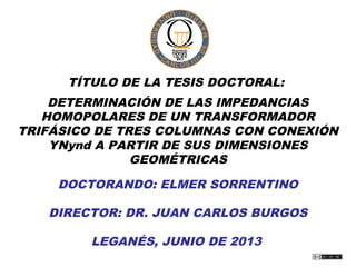 TÍTULO DE LA TESIS DOCTORAL:
DETERMINACIÓN DE LAS IMPEDANCIAS
HOMOPOLARES DE UN TRANSFORMADOR
TRIFÁSICO DE TRES COLUMNAS CON CONEXIÓN
YNynd A PARTIR DE SUS DIMENSIONES
GEOMÉTRICAS
DOCTORANDO: ELMER SORRENTINO
DIRECTOR: DR. JUAN CARLOS BURGOS
LEGANÉS, JUNIO DE 2013
 