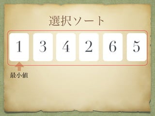 選択ソート
1 3 4 2 6 5
最小値
 