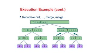 33
Execution Example (cont.)
 Recursive call, …, merge, merge
7 2  9 4  2 4 7 9 3 8 6 1  1 3 6 8
7  2  2 7 9 4  4 9 3 8  3 8 6 1  1 6
7  7 2  2 9  9 4  4 3  3 8  8 6  6 1  1
7 2 9 4  3 8 6 1
 