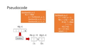Pseudocode
Quicksort(A, p, r)
if p < r then
q := Partition(A, p, r);
Quicksort(A, p, q – 1);
Quicksort(A, q + 1, r)
Partition(A, p, r)
x, i := A[r], p – 1;
for j := p to r – 1 do
if A[j]  x then
i := i + 1;
A[i]  A[j]
A[i + 1]  A[r];
return i + 1
5
A[p..r]
A[p..q – 1] A[q+1..r]
 5  5
Partition
5
 