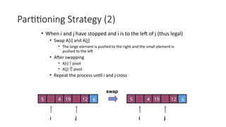 Partitioning Strategy (2)
• When i and j have stopped and i is to the left of j (thus legal)
• Swap A[i] and A[j]
• The large element is pushed to the right and the small element is
pushed to the left
• After swapping
• A[i]  pivot
• A[j]  pivot
• Repeat the process until i and j cross
swap
i j
5 7 4 6
3 12
19
i j
5 3 4 6
7 12
19
 