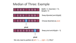 Median of Three: Example
pivot
5 6 4
6
3 12 19
2 13 6
5 6 4 3 12 19
2 6 13
A[left] = 2, A[center] = 13,
A[right] = 6
Swap A[center] and A[right]
5 6 4 3 12 19
2 13
pivot
6
5 6 4 3 12
19
2 13
Choose A[center] as pivot
Swap pivot and A[right – 1]
We only need to partition A[ left + 1, …, right – 2 ]. Why?
 