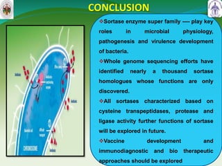 CONCLUSION
45
Sortase enzyme super family ---- play key
roles in microbial physiology,
pathogenesis and virulence development
of bacteria.
Whole genome sequencing efforts have
identified nearly a thousand sortase
homologues whose functions are only
discovered.
All sortases characterized based on
cysteine transpeptidases, protease and
ligase activity further functions of sortase
will be explored in future.
Vaccine development and
immunodiagnostic and bio therapeutic
approaches should be explored
 