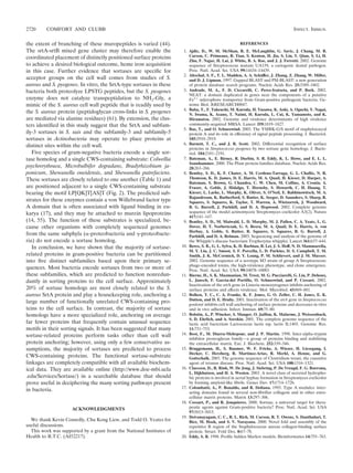 2720     COMFORT AND CLUBB                                                                                                             INFECT. IMMUN.


the extent of branching of these muropeptides is varied (44).                                           REFERENCES
The srtA-srtB mixed gene cluster may therefore enable the               1. Ajdic, D., W. M. McShan, R. E. McLaughlin, G. Savic, J. Chang, M. B.
coordinated placement of distinctly positioned surface proteins            Carson, C. Primeaux, R. Tian, S. Kenton, H. Jia, S. Lin, Y. Qian, S. Li, H.
                                                                           Zhu, F. Najar, H. Lai, J. White, B. A. Roe, and J. J. Ferretti. 2002. Genome
to achieve a desired biological outcome, heme iron acquisition             sequence of Streptococcus mutans UA159, a cariogenic dental pathogen.
in this case. Further evidence that sortases are speciﬁc for               Proc. Natl. Acad. Sci. USA 99:14434–14439.
                                                                        2. Altschul, S. F., T. L. Madden, A. A. Schaffer, J. Zhang, Z. Zhang, W. Miller,
                                                                                                                     ¨
acceptor groups on the cell wall comes from studies of S.                  and D. J. Lipman. 1997. Gapped BLAST and PSI-BLAST: a new generation
aureus and S. pyogenes. In vitro, the SrtA-type sortases in these          of protein database search programs. Nucleic Acids Res. 25:3389–3402.
bacteria both proteolyze LPSTG peptides, but the S. pyogenes            3. Andrade, M. A., F. D. Ciccarelli, C. Perez-Iratxeta, and P. Bork. 2002.
                                                                           NEAT: a domain duplicated in genes near the components of a putative
enzyme does not catalyze transpeptidation to NH2-Gly, a                    Fe3 siderophore transporter from Gram-positive pathogenic bacteria. Ge-
mimic of the S. aureus cell wall peptide that is readily used by           nome Biol. 3:RESEARCH0047.
                                                                        4. Baba, T., F. Takeuchi, M. Kuroda, H. Yuzawa, K. Aoki, A. Oguchi, Y. Nagai,
the S. aureus protein (peptidoglycan cross-links in S. pyogenes            N. Iwama, K. Asano, T. Naimi, H. Kuroda, L. Cui, K. Yamamoto, and K.
are mediated via alanine residues) (61). By extension, the clus-           Hiramatsu. 2002. Genome and virulence determinants of high virulence
ters identiﬁed in this study suggest that the SrtA and subfam-             community-acquired MRSA. Lancet 359:1819–1827.
                                                                        5. Bae, T., and O. Schneewind. 2003. The YSIRK-G/S motif of staphylococcal
ily-3 sortases in S. suis and the subfamily-3 and subfamily-5              protein A and its role in efﬁciency of signal peptide processing. J. Bacteriol.
sortases in Actinobacteria may operate to place proteins at                185:2910–2919.
distinct sites within the cell wall.                                    6. Barnett, T. C., and J. R. Scott. 2002. Differential recognition of surface
                                                                           proteins in Streptococcus pyogenes by two sortase gene homologs. J. Bacte-
   Five species of gram-negative bacteria encode a single sor-             riol. 184:2181–2191.
tase homolog and a single CWS-containing substrate: Colwellia           7. Bateman, A., E. Birney, R. Durbin, S. R. Eddy, K. L. Howe, and E. L. L.
                                                                           Sonnhammer. 2000. The Pfam protein families database. Nucleic Acids Res.
psychrerythraea, Microbulbifer degradans, Bradyrhizobium ja-               28:263–266.
ponicum, Shewanella oneidensis, and Shewanella putrefaciens.            8. Bentley, S. D., K. F. Chater, A. M. Cerdeno-Tarraga, G. L. Challis, N. R.
These sortases are closely related to one another (Table 1) and            Thomson, K. D. James, D. E. Harris, M. A. Quail, H. Kieser, D. Harper, A.
                                                                           Bateman, S. Brown, G. Chandra, C. W. Chen, M. Collins, A. Cronin, A.
are positioned adjacent to a single CWS-containing substrate               Fraser, A. Goble, J. Hidalgo, T. Hornsby, S. Howarth, C. H. Huang, T.
bearing the motif LP[QK]T[AS]T (Fig. 2). The predicted sub-                Kieser, L. Larke, L. Murphy, K. Oliver, S. O’Neil, E. Rabbinowitsch, M. A.
                                                                           Rajandream, K. Rutherford, S. Rutter, K. Seeger, D. Saunders, S. Sharp, R.
strates for these enzymes contain a von Willebrand factor type             Squares, S. Squares, K. Taylor, T. Warren, A. Wietzorrek, J. Woodward,
A domain that is often associated with ligand binding in eu-               B. G. Barrell, J. Parkhill, and D. A. Hopwood. 2002. Complete genome
karya (17), and they may be attached to murein lipoproteins                sequence of the model actinomycete Streptomyces coelicolor A3(2). Nature
                                                                           417:141–147.
(14, 55). The function of these substrates is specialized, be-          9. Bentley, S. D., M. Maiwald, L. D. Murphy, M. J. Pallen, C. A. Yeats, L. G.
cause other organisms with completely sequenced genomes                    Dover, H. T. Norbertczak, G. S. Besra, M. A. Quail, D. E. Harris, A. von
                                                                           Herbay, A. Goble, S. Rutter, R. Squares, S. Squares, B. G. Barrell, J.
from the same subphyla ( -proteobacteria and -proteobacte-                 Parkhill, and D. A. Relman. 2003. Sequencing and analysis of the genome of
ria) do not encode a sortase homolog.                                      the Whipple’s disease bacterium Tropheryma whipplei. Lancet 361:637–644.
   In conclusion, we have shown that the majority of sortase-          10. Beres, S. B., G. L. Sylva, K. D. Barbian, B. Lei, J. S. Hoff, N. D. Mammarella,
                                                                           M. Y. Liu, J. C. Smoot, S. F. Porcella, L. D. Parkins, D. S. Campbell, T. M.
related proteins in gram-positive bacteria can be partitioned              Smith, J. K. McCormick, D. Y. Leung, P. M. Schlievert, and J. M. Musser.
into ﬁve distinct subfamilies based upon their primary se-                 2002. Genome sequence of a serotype M3 strain of group A Streptococcus:
                                                                           phage-encoded toxins, the high-virulence phenotype, and clone emergence.
quences. Most bacteria encode sortases from two or more of                 Proc. Natl. Acad. Sci. USA 99:10078–10083.
these subfamilies, which are predicted to function nonredun-           11. Bierne, H., S. K. Mazmanian, M. Trost, M. G. Pucciarelli, G. Liu, P. Dehoux,
dantly in sorting proteins to the cell surface. Approximately              L. Jansch, F. Garcia-del Portillo, O. Schneewind, and P. Cossart. 2002.
                                                                           Inactivation of the srtA gene in Listeria monocytogenes inhibits anchoring of
20% of sortase homologs are most closely related to the S.                 surface proteins and affects virulence. Mol. Microbiol. 43:869–881.
aureus SrtA protein and play a housekeeping role, anchoring a          12. Bolken, T. C., C. A. Franke, K. F. Jones, G. O. Zeller, C. H. Jones, E. K.
                                                                           Dutton, and D. E. Hruby. 2001. Inactivation of the srtA gene in Streptococcus
large number of functionally unrelated CWS-containing pro-                 gordonii inhibits cell wall anchoring of surface proteins and decreases in vitro
teins to the cell surface. In contrast, the majority of sortase            and in vivo adhesion. Infect. Immun. 69:75–80.
homologs have a more specialized role, anchoring on average            13. Bolotin, A., P. Wincker, S. Mauger, O. Jaillon, K. Malarme, J. Weissenbach,
                                                                           S. D. Ehrlich, and A. Sorokin. 2001. The complete genome sequence of the
far fewer proteins that frequently contain unusual sequence                lactic acid bacterium Lactococcus lactis ssp. lactis IL1403. Genome Res.
motifs in their sorting signals. It has been suggested that many           11:731–753.
sortase-related proteins perform tasks other than cell wall            14. Bost, F., M. Diarra-Mehrpour, and J. P. Martin. 1998. Inter-alpha-trypsin
                                                                           inhibitor proteoglycan family—a group of proteins binding and stabilizing
protein anchoring; however, using only a few conservative as-              the extracellular matrix. Eur. J. Biochem. 252:339–346.
sumptions, the majority of sortases are predicted to process           15. Bruggemann, H., S. Baumer, W. F. Fricke, A. Wiezer, H. Liesegang, I.
                                                                           Decker, C. Herzberg, R. Martinez-Arias, R. Merkl, A. Henne, and G.
CWS-containing proteins. The functional sortase-substrate                  Gottschalk. 2003. The genome sequence of Clostridium tetani, the causative
linkages are completely compatible with all available biochem-             agent of tetanus disease. Proc. Natl. Acad. Sci. USA 100:1316–1321.
ical data. They are available online (http://www.doe-mbi.ucla          16. Claessen, D., R. Rink, W. De Jong, J. Siebring, P. De Vreugd, F. G. Boersma,
                                                                           L. Dijkhuizen, and H. A. Wosten. 2003. A novel class of secreted hydropho-
.edu/Services/Sortase/) in a searchable database that should               bic proteins is involved in aerial hyphae formation in Streptomyces coelicolor
prove useful in deciphering the many sorting pathways present              by forming amyloid-like ﬁbrils. Genes Dev. 17:1714–1726.
                                                                       17. Colombatti, A., P. Bonaldo, and R. Doliana. 1993. Type A modules: inter-
in bacteria.                                                               acting domains found in several non-ﬁbrillar collagens and in other extra-
                                                                           cellular matrix proteins. Matrix 13:297–306.
                                                                       18. Cossart, P., and R. Jonquieres. 2000. Sortase, a universal target for thera-
                     ACKNOWLEDGMENTS                                       peutic agents against Gram-positive bacteria? Proc. Natl. Acad. Sci. USA
                                                                           97:5013–5015.
                                                                       19. Deivanayagam, C. C., R. L. Rich, M. Carson, R. T. Owens, S. Danthuluri, T.
  We thank Kevin Connolly, Chu Kong Liew, and Todd O. Yeates for           Bice, M. Hook, and S. V. Narayana. 2000. Novel fold and assembly of the
useful discussions.                                                        repetitive B region of the Staphylococcus aureus collagen-binding surface
  This work was supported by a grant from the National Institutes of       protein. Struct. Fold Des. 8:67–78.
Health to R.T.C. (AI52217).                                            20. Eddy, S. R. 1998. Proﬁle hidden Markov models. Bioinformatics 14:755–763.
 