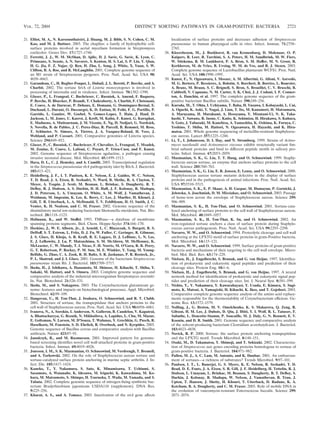 VOL. 72, 2004                                                         DISTINCT SORTING PATHWAYS IN GRAM-POSITIVE BACTERIA                                             2721

21. Elliot, M. A., N. Karoonuthaisiri, J. Huang, M. J. Bibb, S. N. Cohen, C. M.             localization of surface proteins and decreases adhesion of Streptococcus
    Kao, and M. J. Buttner. 2003. The chaplins: a family of hydrophobic cell-               pneumoniae to human pharyngeal cells in vitro. Infect. Immun. 71:2758–
    surface proteins involved in aerial mycelium formation in Streptomyces                  2765.
    coelicolor. Genes Dev. 17:1727–1740.                                              38.   Kleerebezem, M., J. Boekhorst, R. van Kranenburg, D. Molenaar, O. P.
22. Ferretti, J. J., W. M. McShan, D. Ajdic, D. J. Savic, G. Savic, K. Lyon, C.             Kuipers, R. Leer, R. Tarchini, S. A. Peters, H. M. Sandbrink, M. W. Fiers,
    Primeaux, S. Sezate, A. N. Suvorov, S. Kenton, H. S. Lai, S. P. Lin, Y. Qian,           W. Stiekema, R. M. Lankhorst, P. A. Bron, S. M. Hoffer, M. N. Groot, R.
    H. G. Jia, F. Z. Najar, Q. Ren, H. Zhu, L. Song, J. White, X. Yuan, S. W.               Kerkhoven, M. de Vries, B. Ursing, W. M. de Vos, and R. J. Siezen. 2003.
    Clifton, B. A. Roe, and R. McLaughlin. 2001. Complete genome sequence of                Complete genome sequence of Lactobacillus plantarum WCFS1. Proc. Natl.
    an M1 strain of Streptococcus pyogenes. Proc. Natl. Acad. Sci. USA 98:                  Acad. Sci. USA 100:1990–1995.
    4658–4663.                                                                        39.   Kunst, F., N. Ogasawara, I. Moszer, A. M. Albertini, G. Alloni, V. Azevedo,
23. Garandeau, C., H. Reglier-Poupet, L. Dubail, J. L. Beretti, P. Berche, and A.           M. G. Bertero, P. Bessieres, A. Bolotin, S. Borchert, R. Borriss, L. Boursier,
    Charbit. 2002. The sortase SrtA of Listeria monocytogenes is involved in                A. Brans, M. Braun, S. C. Brignell, S. Bron, S. Brouillet, C. V. Bruschi, B.
    processing of internalin and in virulence. Infect. Immun. 70:1382–1390.                 Caldwell, V. Capuano, N. M. Carter, S. K. Choi, J. J. Codani, I. F. Conner-
24. Glaser, P., L. Frangeul, C. Buchrieser, C. Rusniok, A. Amend, F. Baquero,               ton, A. Danchin, et al. 1997. The complete genome sequence of the gram-
    P. Berche, H. Bloecker, P. Brandt, T. Chakraborty, A. Charbit, F. Chetouani,            positive bacterium Bacillus subtilis. Nature 390:249–256.
    E. Couve, A. de Daruvar, P. Dehoux, E. Domann, G. Dominguez-Bernal, E.            40.   Kuroda, M., T. Ohta, I. Uchiyama, T. Baba, H. Yuzawa, I. Kobayashi, L. Cui,
    Duchaud, L. Durant, O. Dussurget, K. D. Entian, H. Fsihi, F. G. Portillo, P.            A. Oguchi, K. Aoki, Y. Nagai, J. Lian, T. Ito, M. Kanamori, H. Matsumaru,
    Garrido, L. Gautier, W. Goebel, N. Gomez-Lopez, T. Hain, J. Hauf, D.                    A. Maruyama, H. Murakami, A. Hosoyama, Y. Mizutani-Ui, N. K. Taka-
    Jackson, L. M. Jones, U. Kaerst, J. Kreft, M. Kuhn, F. Kunst, G. Kurapkat,              hashi, T. Sawano, R. Inoue, C. Kaito, K. Sekimizu, H. Hirakawa, S. Kuhara,
    E. Madueno, A. Maitournam, J. M. Vicente, E. Ng, H. Nedjari, G. Nordsiek,               S. Goto, J. Yabuzaki, M. Kanehisa, A. Yamashita, K. Oshima, K. Furuya, C.
    S. Novella, B. de Pablos, J. C. Perez-Diaz, R. Purcell, B. Remmel, M. Rose,             Yoshino, T. Shiba, M. Hattori, N. Ogasawara, H. Hayashi, and K. Hira-
    T. Schlueter, N. Simoes, A. Tierrez, J. A. Vazquez-Boland, H. Voss, J.                  matsu. 2001. Whole genome sequencing of meticillin-resistant Staphylococ-
    Wehland, and P. Cossart. 2001. Comparative genomics of Listeria species.                cus aureus. Lancet 357:1225–1240.
    Science 294:849–852.                                                              41.   Li, T., I. Johansson, D. I. Hay, and N. Stromberg. 1999. Strains of Actino-
25. Glaser, P., C. Rusniok, C. Buchrieser, F. Chevalier, L. Frangeul, T. Msadek,            myces naeslundii and Actinomyces viscosus exhibit structurally variant ﬁm-
    M. Zouine, E. Couve, L. Lalioui, C. Poyart, P. Trieu-Cuot, and F. Kunst.                brial subunit proteins and bind to different peptide motifs in salivary pro-
    2002. Genome sequence of Streptococcus agalactiae, a pathogen causing                   teins. Infect. Immun. 67:2053–2059.
    invasive neonatal disease. Mol. Microbiol. 45:1499–1513.                          42.   Mazmanian, S. K., G. Liu, T. T. Hung, and O. Schneewind. 1999. Staphy-
26. Hava, D. L., C. J. Hemsley, and A. Camilli. 2003. Transcriptional regulation            lococcus aureus sortase, an enzyme that anchors surface proteins to the cell
    in the Streptococcus pneumoniae rlrA pathogenicity islet by RlrA. J. Bacteriol.         wall. Science 285:760–763.
    185:413–421.                                                                      43.   Mazmanian, S. K., G. Liu, E. R. Jensen, E. Lenoy, and O. Schneewind. 2000.
27. Heidelberg, J. F., I. T. Paulsen, K. E. Nelson, E. J. Gaidos, W. C. Nelson,             Staphylococcus aureus sortase mutants defective in the display of surface
    T. D. Read, J. A. Eisen, R. Seshadri, N. Ward, B. Methe, R. A. Clayton, T.              proteins and in the pathogenesis of animal infections. Proc. Natl. Acad. Sci.
    Meyer, A. Tsapin, J. Scott, M. Beanan, L. Brinkac, S. Daugherty, R. T.                  USA 97:5510–5515.
    DeBoy, R. J. Dodson, A. S. Durkin, D. H. Haft, J. F. Kolonay, R. Madupu,          44.   Mazmanian, S. K., E. P. Skaar, A. H. Gaspar, M. Humayun, P. Gornicki, J.
    J. D. Peterson, L. A. Umayam, O. White, A. M. Wolf, J. Vamathevan, J.                   Jelenska, A. Joachmiak, D. M. Missiakas, and O. Schneewind. 2003. Passage
    Weidman, M. Impraim, K. Lee, K. Berry, C. Lee, J. Mueller, H. Khouri, J.                of heme-iron across the envelope of Staphylococcus aureus. Science 299:
    Gill, T. R. Utterback, L. A. McDonald, T. V. Feldblyum, H. O. Smith, J. C.              906–909.
    Venter, K. H. Nealson, and C. M. Fraser. 2002. Genome sequence of the             45.   Mazmanian, S. K., H. Ton-That, and O. Schneewind. 2001. Sortase-cata-
    dissimilatory metal ion-reducing bacterium Shewanella oneidensis. Nat. Bio-             lyzed anchoring of surface proteins to the cell wall of Staphylococcus aureus.
    technol. 20:1118–1123.                                                                  Mol. Microbiol. 40:1049–1057.
28. Hofmann, K., and W. Stoffel. 1993. TMbase—a database of membrane                  46.   Mazmanian, S. K., H. Ton-That, K. Su, and O. Schneewind. 2002. An
    spanning proteins segments. Biol. Chem. Hoppe-Seyler 374:166–170.                       iron-regulated sortase anchors a class of surface protein during Staphylo-
29. Hoskins, J., W. E. Alborn, Jr., J. Arnold, L. C. Blaszczak, S. Burgett, B. S.           coccus aureus pathogenesis. Proc. Natl. Acad. Sci. USA 99:2293–2298.
    DeHoff, S. T. Estrem, L. Fritz, D. J. Fu, W. Fuller, C. Geringer, R. Gilmour,     47.   Navarre, W. W., and O. Schneewind. 1994. Proteolytic cleavage and cell wall
    J. S. Glass, H. Khoja, A. R. Kraft, R. E. Lagace, D. J. LeBlanc, L. N. Lee,             anchoring at the LPXTG motif of surface proteins in gram-Positive bacteria.
    E. J. Lefkowitz, J. Lu, P. Matsushima, S. M. McAhren, M. McHenney, K.                   Mol. Microbiol. 14:115–121.
    McLeaster, C. W. Mundy, T. I. Nicas, F. H. Norris, M. O’Gara, R. B. Peery,        48.   Navarre, W. W., and O. Schneewind. 1999. Surface proteins of gram-positive
    G. T. Robertson, P. Rockey, P. M. Sun, M. E. Winkler, Y. Yang, M. Young-                bacteria and mechanisms of their targeting to the cell wall envelope. Micro-
    Bellido, G. Zhao, C. A. Zook, R. H. Baltz, S. R. Jaskunas, P. R. Rosteck, Jr.,          biol. Mol. Biol. Rev. 63:174–229.
    P. L. Skatrud, and J. I. Glass. 2001. Genome of the bacterium Streptococcus       49.   Nielsen, H., J. Engelbrecht, S. Brunak, and G. von Heijne. 1997. Identiﬁca-
    pneumoniae strain R6. J. Bacteriol. 183:5709–5717.                                      tion of prokaryotic and eukaryotic signal peptides and prediction of their
30. Ikeda, H., J. Ishikawa, A. Hanamoto, M. Shinose, H. Kikuchi, T. Shiba, Y.               cleavage sites. Protein Eng. 10:1–6.
    Sakaki, M. Hattori, and S. Omura. 2003. Complete genome sequence and              50.   Nielsen, H., J. Engelbrecht, S. Brunak, and G. von Heijne. 1997. A neural
    comparative analysis of the industrial microorganism Streptomyces avermiti-             network method for identiﬁcation of prokaryotic and eukaryotic signal pep-
    lis. Nat. Biotechnol. 21:526–531.                                                       tides and prediction of their cleavage sites. Int. J. Neural Syst. 8:581–599.
31. Ikeda, M., and S. Nakagawa. 2003. The Corynebacterium glutamicum ge-              51.   Nishio, Y., Y. Nakamura, Y. Kawarabayasi, Y. Usuda, E. Kimura, S. Sugi-
    nome: features and impacts on biotechnological processes. Appl. Microbiol.              moto, K. Matsui, A. Yamagishi, H. Kikuchi, K. Ikeo, and T. Gojobori. 2003.
    Biotechnol. 62:99–109.                                                                  Comparative complete genome sequence analysis of the amino acid replace-
32. Ilangovan, U., H. Ton-That, J. Iwahara, O. Schneewind, and R. T. Clubb.                 ments responsible for the thermostability of Corynebacterium efﬁciens. Ge-
    2001. Structure of sortase, the transpeptidase that anchors proteins to the             nome Res. 13:1572–1579.
    cell wall of Staphylococcus aureus. Proc. Natl. Acad. Sci. USA 98:6056–6061.      52.   Nolling, J., G. Breton, M. V. Omelchenko, K. S. Makarova, Q. Zeng, R.
33. Ivanova, N., A. Sorokin, I. Anderson, N. Galleron, B. Candelon, V. Kapatral,            Gibson, H. M. Lee, J. Dubois, D. Qiu, J. Hitti, Y. I. Wolf, R. L. Tatusov, F.
    A. Bhattacharyya, G. Reznik, N. Mikhailova, A. Lapidus, L. Chu, M. Mazur,               Sabathe, L. Doucette-Stamm, P. Soucaille, M. J. Daly, G. N. Bennett, E. V.
    E. Goltsman, N. Larsen, M. D’Souza, T. Walunas, Y. Grechkin, G. Pusch, R.               Koonin, and D. R. Smith. 2001. Genome sequence and comparative analysis
    Haselkorn, M. Fonstein, S. D. Ehrlich, R. Overbeek, and N. Kyrpides. 2003.              of the solvent-producing bacterium Clostridium acetobutylicum. J. Bacteriol.
    Genome sequence of Bacillus cereus and comparative analysis with Bacillus               183:4823–4838.
    anthracis. Nature 423:87–91.                                                      53.   Novick, R. P. 2000. Sortase: the surface protein anchoring transpeptidase
34. Janulczyk, R., and M. Rasmussen. 2001. Improved pattern for genome-                     and the LPXTG motif. Trends Microbiol. 8:148–151.
    based screening identiﬁes novel cell wall-attached proteins in gram-positive      54.   Osaki, M., D. Takamatsu, Y. Shimoji, and T. Sekizaki. 2002. Characteriza-
    bacteria. Infect. Immun. 69:4019–4026.                                                  tion of Streptococcus suis genes encoding proteins homologous to sortase of
35. Jonsson, I. M., S. K. Mazmanian, O. Schneewind, M. Verdrengh, T. Bremell,               gram-positive bacteria. J. Bacteriol. 184:971–982.
    and A. Tarkowski. 2002. On the role of Staphylococcus aureus sortase and          55.   Pallen, M. J., A. C. Lam, M. Antonio, and K. Dunbar. 2001. An embarrass-
    sortase-catalyzed surface protein anchoring in murine septic arthritis. J. In-          ment of sortases—a richness of substrates? Trends Microbiol. 9:97–101.
    fect. Dis. 185:1417–1424.                                                         56.   Paulsen, I. T., L. Banerjei, G. S. Myers, K. E. Nelson, R. Seshadri, T. D.
36. Kaneko, T., Y. Nakamura, S. Sato, K. Minamisawa, T. Uchiumi, S.                         Read, D. E. Fouts, J. A. Eisen, S. R. Gill, J. F. Heidelberg, H. Tettelin, R. J.
    Sasamoto, A. Watanabe, K. Idesawa, M. Iriguchi, K. Kawashima, M. Ko-                    Dodson, L. Umayam, L. Brinkac, M. Beanan, S. Daugherty, R. T. DeBoy, S.
    hara, M. Matsumoto, S. Shimpo, H. Tsuruoka, T. Wada, M. Yamada, and S.                  Durkin, J. Kolonay, R. Madupu, W. Nelson, J. Vamathevan, B. Tran, J.
    Tabata. 2002. Complete genomic sequence of nitrogen-ﬁxing symbiotic bac-                Upton, T. Hansen, J. Shetty, H. Khouri, T. Utterback, D. Radune, K. A.
    terium Bradyrhizobium japonicum USDA110 (supplement). DNA Res.                          Ketchum, B. A. Dougherty, and C. M. Fraser. 2003. Role of mobile DNA in
    9:225–256.                                                                              the evolution of vancomycin-resistant Enterococcus faecalis. Science 299:
37. Kharat, A. S., and A. Tomasz. 2003. Inactivation of the srtA gene affects               2071–2074.
 