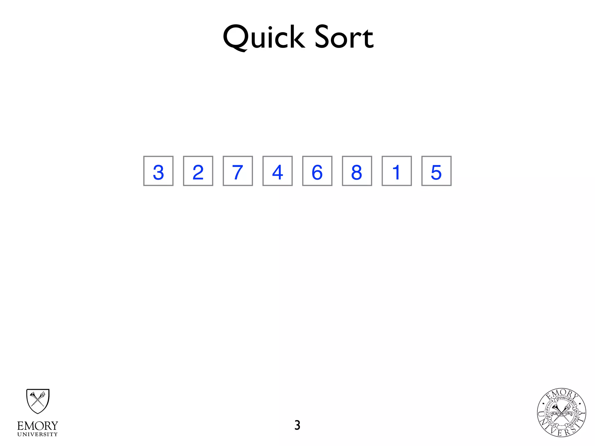 Quick Sort
3
3 2 7 4 6 8 1 5
 