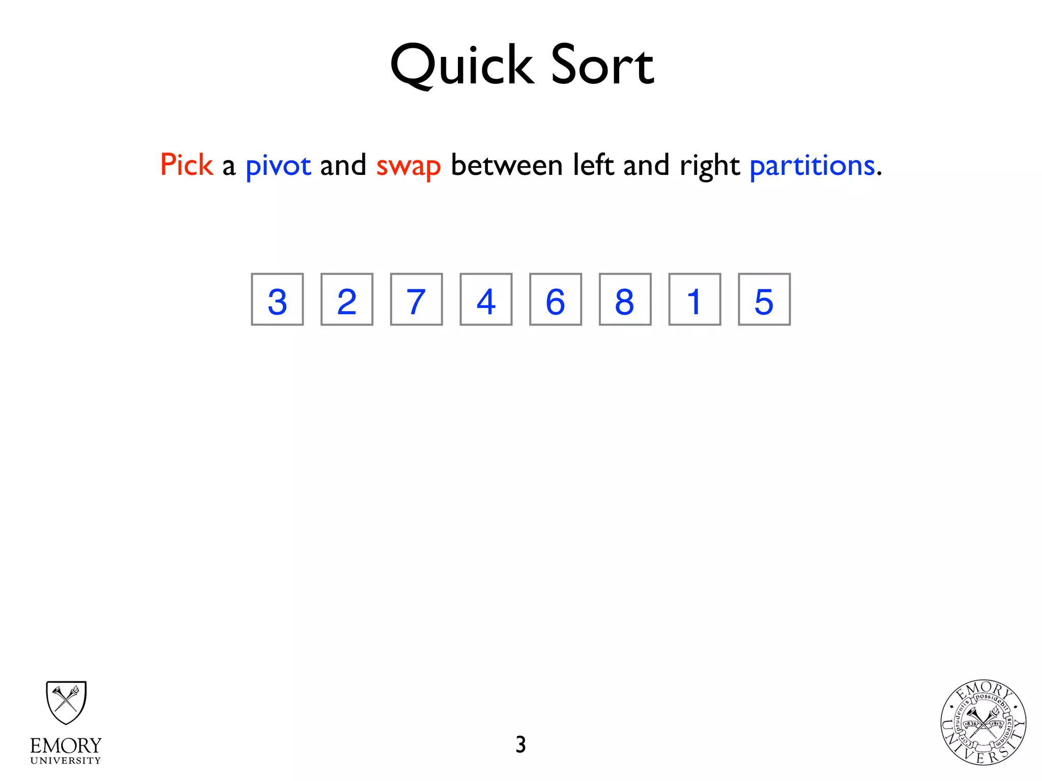 Quick Sort
3
3 2 7 4 6 8 1 5
Pick a pivot and swap between left and right partitions.
 