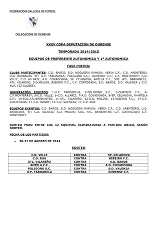 FEDERACIÓN GALLEGA DE FÚTBOL
DELEGACIÒN DE OURENSE
XXXV COPA DEPUTACION DE OURENSE
TEMPORADA 2014/2015
EQUIPOS DE PREFERENTE AUTONOMICA Y 1ª AUTONOMICA
FASE PREVIA:
CLUBS PARTICIPANTES: C.D. BARCO; S.D. NOGUEIRA RAMUIN; VERIN C.F.; C.D. ARENTEIRO;
U.D. BARBADAS “B”; U.P. TABOADELA; POLIGONO S.C.; OURENSE C.F.; C.F. MONTERREY; C.D.
VELLE; C.D. ALLARIZ; A.D. COVADONGA; SP. CELANOVA; ANTELA C.F.; SOC. ATL. BARBANTES;
ATL. VILARIÑO; S.D.MELIAS; RIBEIRO F.C.; C.F. CORTEGADA; S.D. BANDE; S.D. VALENZA y C.D.
RUA. (22 CLUBES).
NUMERACIÓN EQUIPOS: 1-U.P. TABOADELA; 2-POLIGONO S.C.; 3-OURENSE C.F.; 4-
C.F.MONTERREY; 5-C.D. VELLE; 6-C.D. ALLARIZ; 7-A.D. COVADONGA; 8-SP. CELANOVA; 9-ANTELA
C.F.; 10-SOC.ATL.BARBANTES; 11-ATL. VILARIÑO; 12-S.D. MELIAS; 13-RIBEIRO F.C.; 14-C.F.
CORTEGADA; 15-S.D. BANDE; 16-S.D. VALENZA; 17-C.D. RUA
EQUIPOS EXENTOS: C.D. BARCO; S.D. NOGUEIRA RAMUIN; VERIN C.F.; C.D. ARENTEIRO; U.D.
BARBADAS “B”; C.D. ALLARIZ; S.D. MELIAS; SOC. ATL. BARBANTES; C.F. CORTEGADA; C.F.
MONTERREY
SORTEO PURO ENTRE LOS 12 EQUIPOS. ELIMINATORIA A PARTIDO UNICO, SEGÚN
SORTEO.
FECHA DE LOS PARTIDOS:
 30-31 DE AGOSTO DE 2014
SORTEO
C.D. VELLE CONTRA SP. CELANOVA
C.D. RUA CONTRA RIBEIRO F.C.
ATL. VILARIÑO CONTRA S.D. BANDE
ANTELA C.F. CONTRA A.D. COVADONGA
POLIGONO S.C. CONTRA S.D. VALENZA
U.P. TABOADELA CONTRA OURENSE C.F.
 