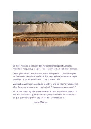 Els nins i nines de la classe de bon matí estàvem preparats , amb les 
motxilles a l’esquena, per agafar l’autobús direcció al Salobrar de Campos. 
Començàrem la visita explicant el procés de la producció de sal i després 
en Tomeu ens va explicar les classes d’estanys, primer evaporador, segon 
encalentidor, tercer alimentador i quart cristal·litzador. 
Vàrem observar les aus, una àguila peixatera, una parella d’ànneres de coll 
blau, flamencs, avisadors , gavines i vaig dir “ Guuuuaaau, quina cosa!!! “ 
El que més me va agradar va ser veure els estanys, els animals, menjar sal 
que me va encantar i quan vàrem fer aquella carrera fins als caramulls de 
sal que quan els vaig veure vaig tornar dir “ Guuuaaauuu!!!” 
Jaume Mascaró 
 