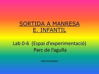 SORTIDA A MANRESA
E. INFANTIL
Lab 0-6 (Espai d’experimentació)
Parc de l’agulla
Mostra de fotografies
 