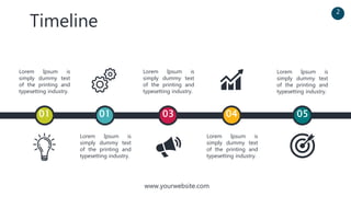 www.yourwebsite.com
Timeline
Lorem Ipsum is
simply dummy text
of the printing and
typesetting industry.
Lorem Ipsum is
simply dummy text
of the printing and
typesetting industry.
Lorem Ipsum is
simply dummy text
of the printing and
typesetting industry.
Lorem Ipsum is
simply dummy text
of the printing and
typesetting industry.
Lorem Ipsum is
simply dummy text
of the printing and
typesetting industry.
01 01 03 04 05
2
 