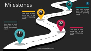 Milestones
01
02
03
04
Lorem Ipsum is simply
dummy text of the
printing and typesetting
industry.
Lorem Ipsum is simply
dummy text of the
printing and typesetting
industry.
Lorem Ipsum is simply
dummy text of the
printing and typesetting
industry.
Lorem Ipsum is simply
dummy text of the
printing and typesetting
industry.
www.yourwebsite.com
1
 