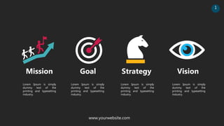 www.yourwebsite.com
Lorem Ipsum is simply
dummy text of the
printing and typesetting
industry.
Mission
Lorem Ipsum is simply
dummy text of the
printing and typesetting
industry.
Goal
Lorem Ipsum is simply
dummy text of the
printing and typesetting
industry.
Strategy
Lorem Ipsum is simply
dummy text of the
printing and typesetting
industry.
Vision
1
 
