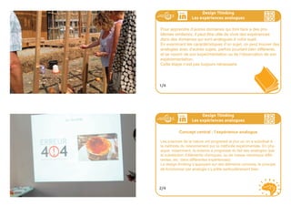 Design Thinking
L
,
observation
Le relevé des observations
Essayez de partager les observations telles quelles sont, sans y
ajouter aucune interprétation de votre part. Relatez comment les
personnes voient, sentent, font expérience du monde.
Les observations peuvent être par exemple:
- Descriptions de leurs besoins, leurs motivations, leurs luttes et
leurs passions
- Observations de ses objets, des espaces ou du langage du corps
13/14
Design Thinking
L
,
observation
Pour aller plus loin
Dans cette partie, on vous a parlé d ‘empathie, d’observation in situ
(ou immersion) et d’utilisateurs extrêmes.
Pour en savoir plus, vous pouvez flasher ces codes :
14/14
empathie immersion utilisateurs
extrêmes
 
