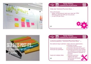 S’APPRETERAL’IDEATION
POURGÉNÉRERDES
IDÉESFORTES,
UTILISONSUNESIMPLE
TECHNIQUENous definissons des opportunites à travers un type de
question particuliere: “Comment pourrions nous...”
180ideo + Pays de Loire 16-18 juillet IDEATION
Design Thinking
Les synthèses d
,
opportunité
Pour aller plus loin
Dans cette partie, on vous a parlé de personas.
Pour en savoir plus, vous pouvez flasher ce code :
6/6
personas
Pour générer des idées fortes, utilisons une technique simple et
efficace.
À partir de notre vision, nous allons définir des opportunités pour
bâtir notre projet à l’aide d’un type de question particulière :
“Comment Pourrions Nous...”
Ce travail servira de point de départ pour les brainstormings.
Design Thinking
La plateforme de génération
1/5
 