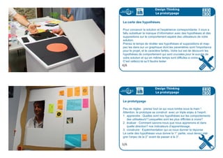 Design Thinking
Le prototypage
Concept central : quick  dirty ( cheap...)
Un prototype rapide d'expérience utilisateur ...
- nous aide à en apprendre davantage sur nos hypothèses au sujet
des comportements usagers .
- commence toujours par les hypothèses les plus difficiles à prou-
ver
- permet de tester avec des coûts minimes ces hypothèses, et ôte
tout risque à les tester : l’affinage du projet (et l’augmentation des
coûts) ne se fera qu’après réaction (multiples) des utilisateurs.
2/6
Design Thinking
Le prototypage
La mise en hypothèse
Avec votre équipe
- articulez ce que vous voulez apprendre, identifiez les hypothèses
les plus difficiles à croire grâce à la carte des hypothèses
- créez un prototype rapide afin de valider
- apprêtez-vous à faire réagir une autre équipe
3/6
 